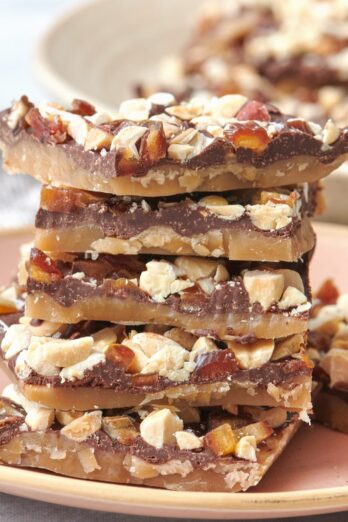Stack of toffee on plate.