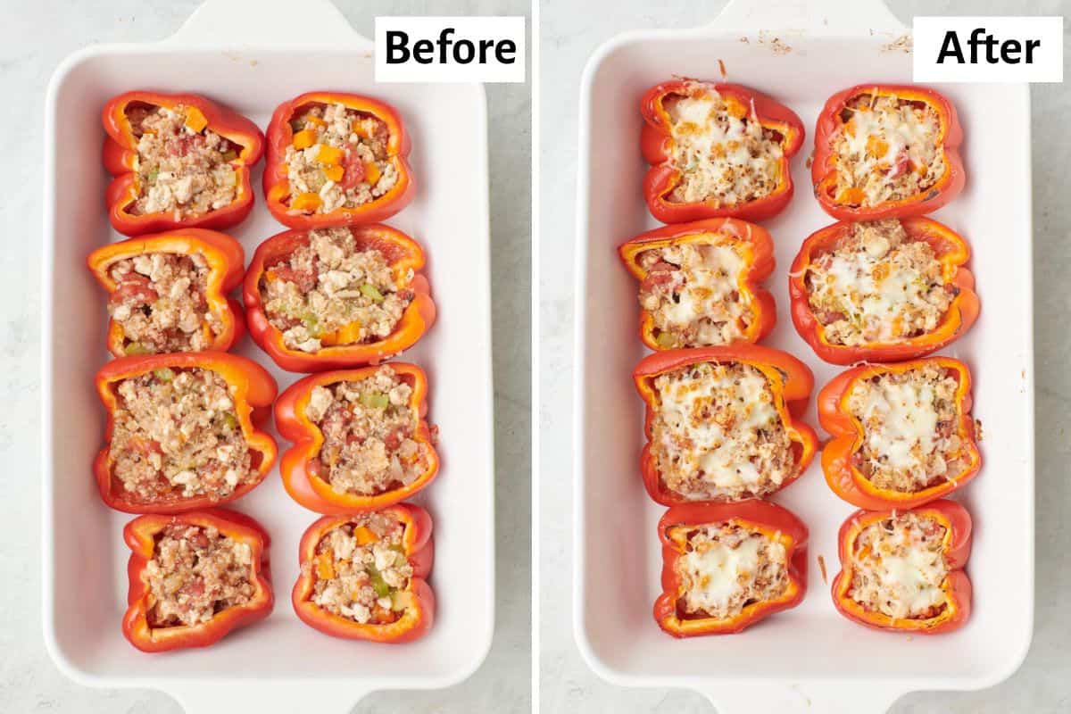 2 image collage of turkey and quinoa mixture stuffed inside red pepper halves in a baking dish before baking and then after baking showing a melted cheese top.