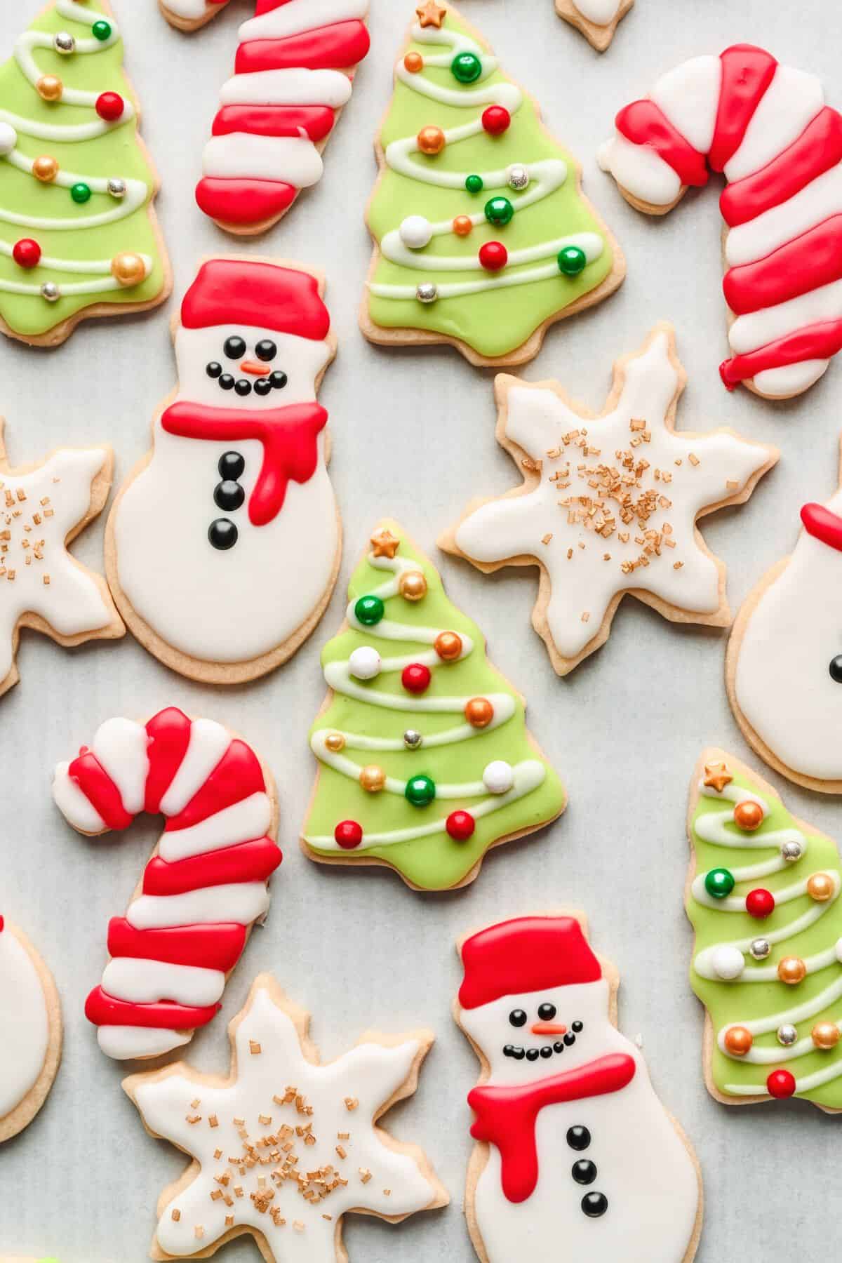 Decorated cut out Christmas Sugar Cookies.