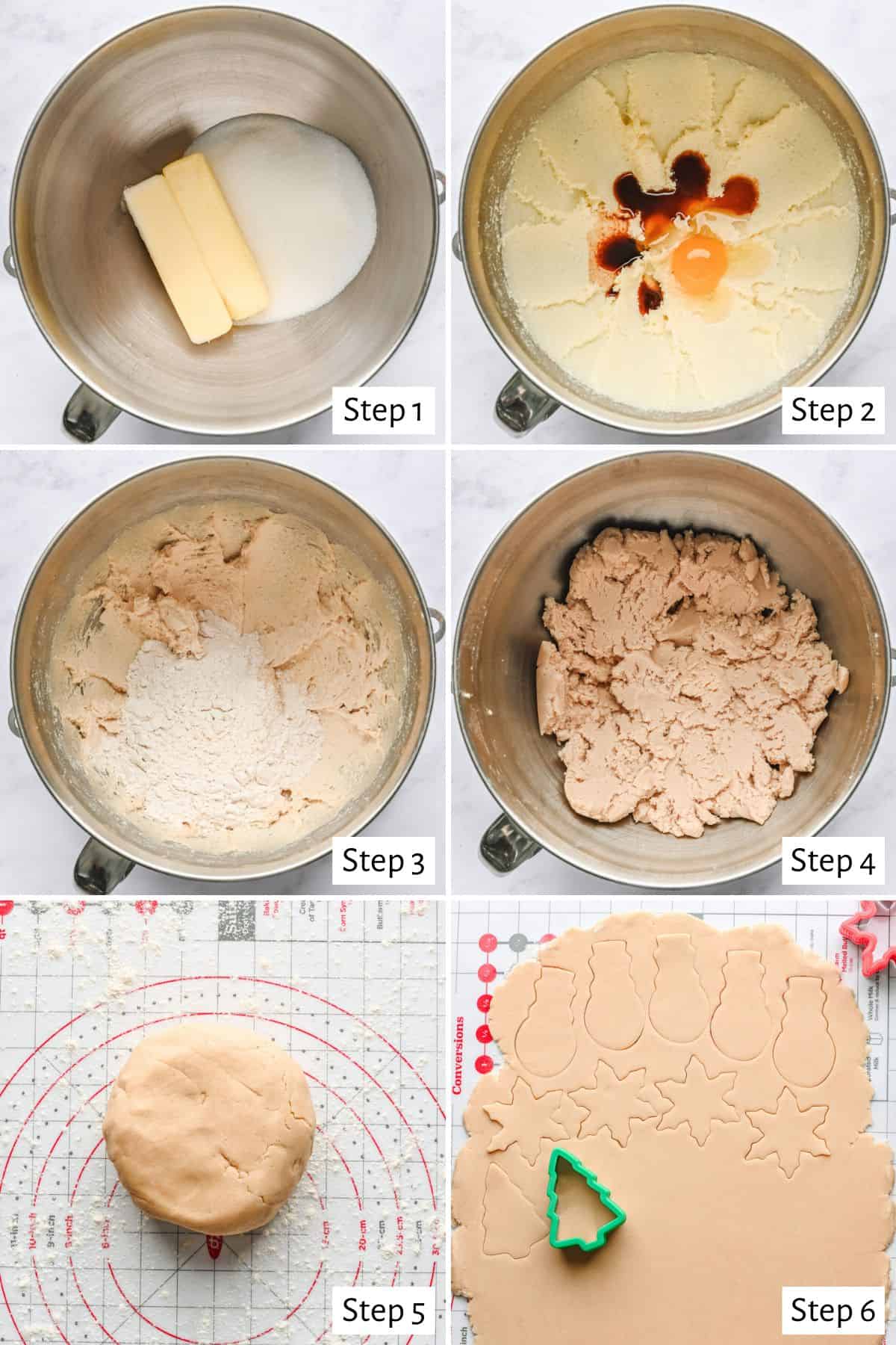 6 image collage making recipe: 1- butter and sugar in a bowl, 2- after creaming with egg and vanilla added, 3- after combining with dry ingredients added, 4- cookie dough after mixing, 5- dough on a silicone mat, 6-dough after rolling out with a cookie cutter pressing shapes out.