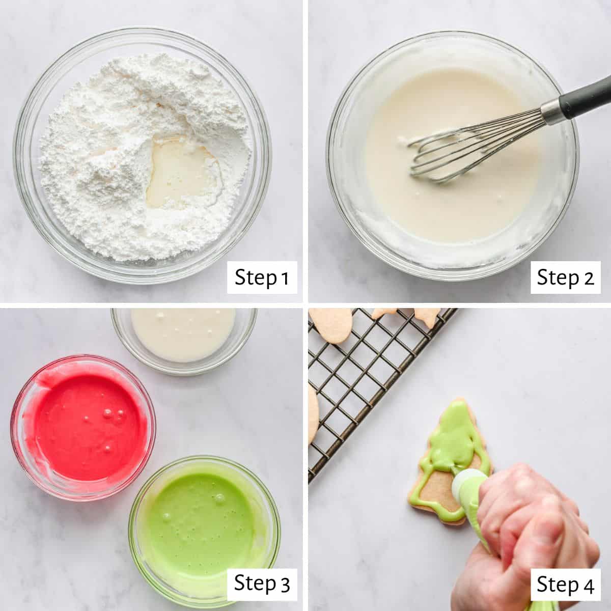 4 image collage making recipe: 1- powdered sugar and milk, peppermint extract, and cream in a bowl, 2- after whisking together into a smooth icing, 3- icing divided with food coloring added into 3 different colors, 4- piping green icing on a cut out christmas tree cookie.