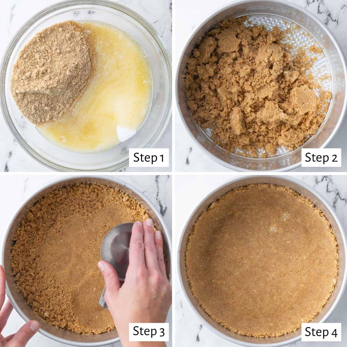 4 image collage make crust: 1- graham cracker crumbs and melted butter in a bowl, 2- crust mixture added to springform pan, 3- measuring cup flattening crumbs into pan, 4- after pressed completely.