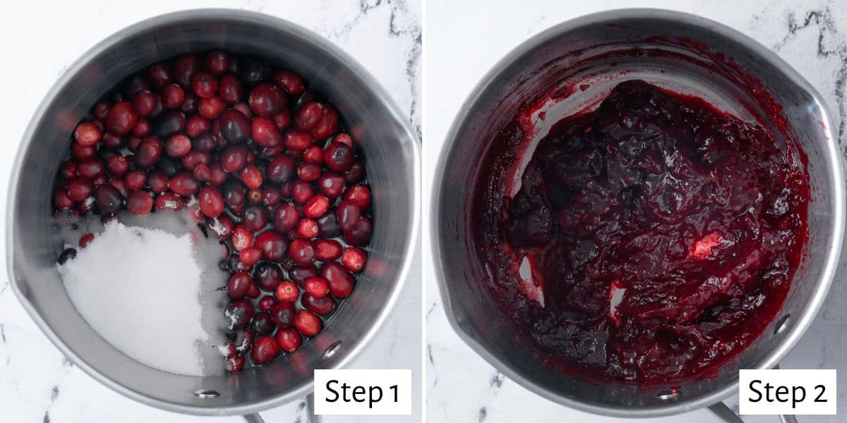 2 image collage making recipe in a pot: 1- cranberry and sugar in a pot, 2- after cooking down until thickened.