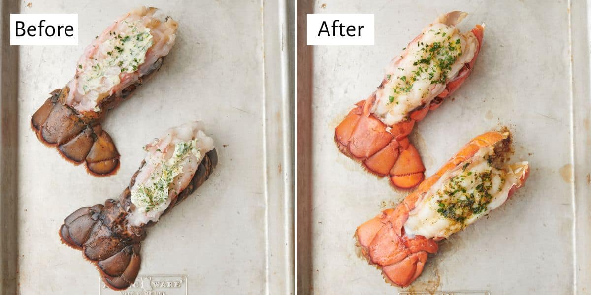 Before and after collage making lobster tail in the oven.