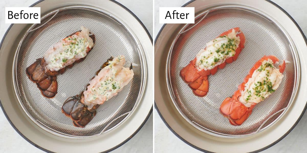 Before and after collage steaming lobster tails.