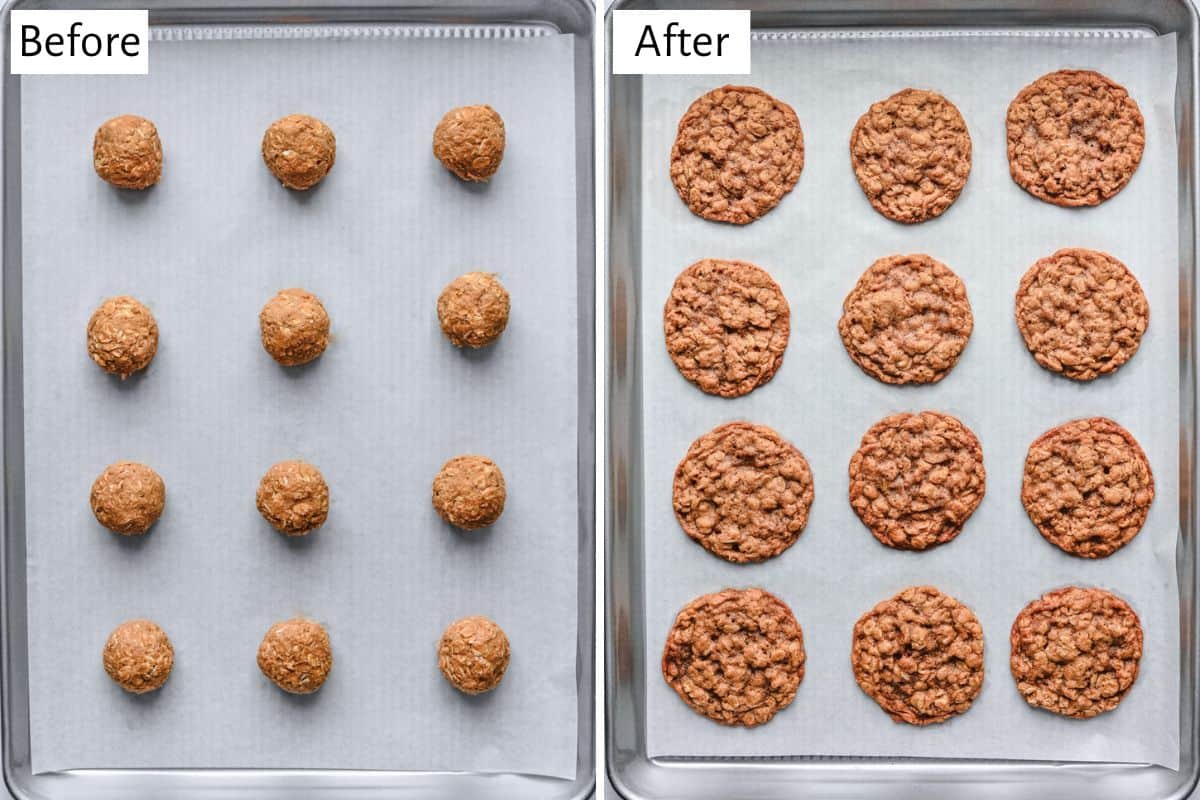 2 image collage of cookies before and after baking.