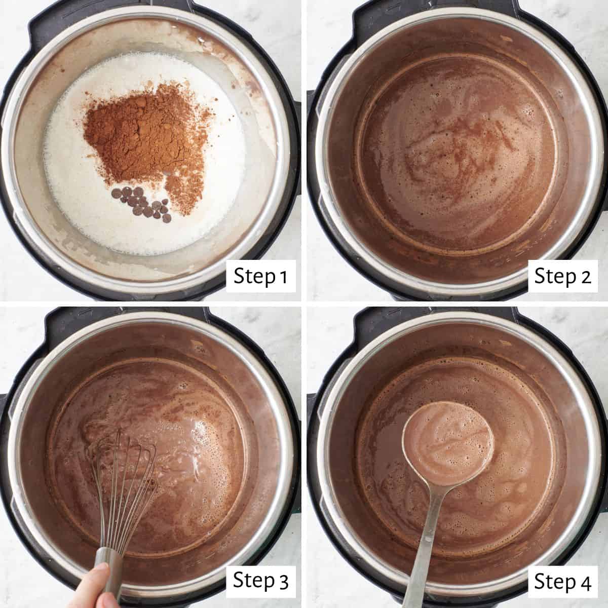 4 image collage making recipe in an Instant Pot: 1- ingredients added before mixing, 2- after mixed, 3- after cooking with a whisk stirring together, 4- ladle lifting up a serving.