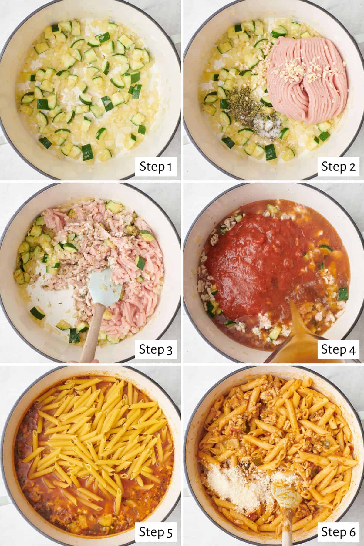 6 image collage making recipe in one pot: 1- zucchini and onions cooked until softened, 2- ground turkey, garlic, and seasonings added, 3- breaking up turkey with a spatula, 4- marinara added and stock being poured in, 5- pasta added, 6- after pasta has cooked with parmesan added on top.