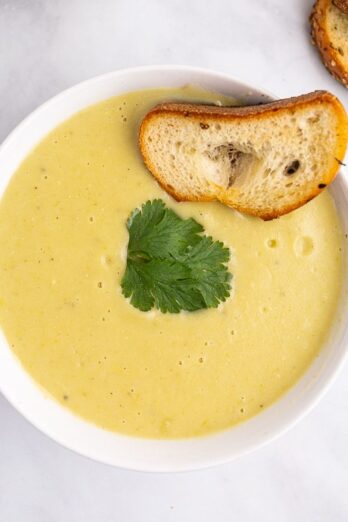 Bowl of potato leek soup.