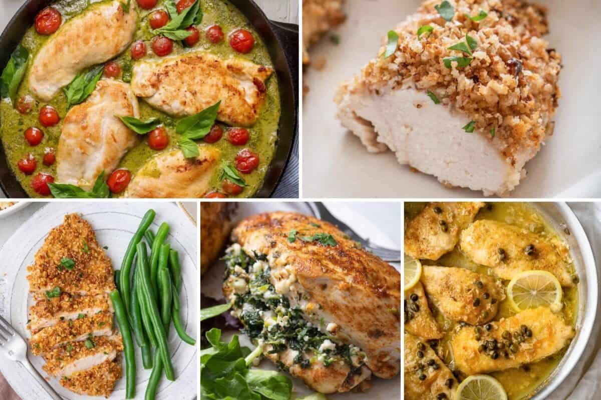 5 image collage of white meat recipes.