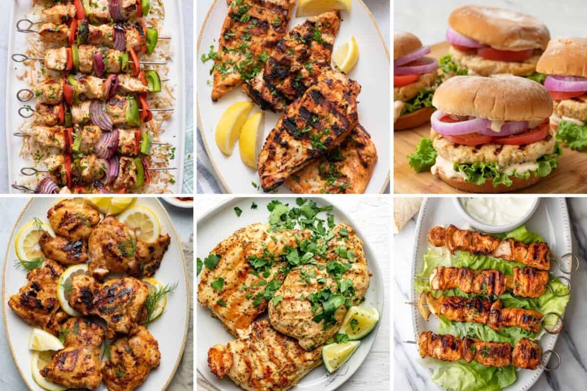 6 image collage of grilled chicken recipes.