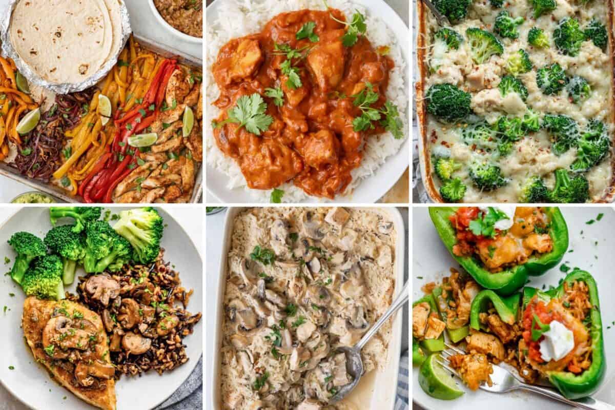 6 image collage of one pan chicken recipes.
