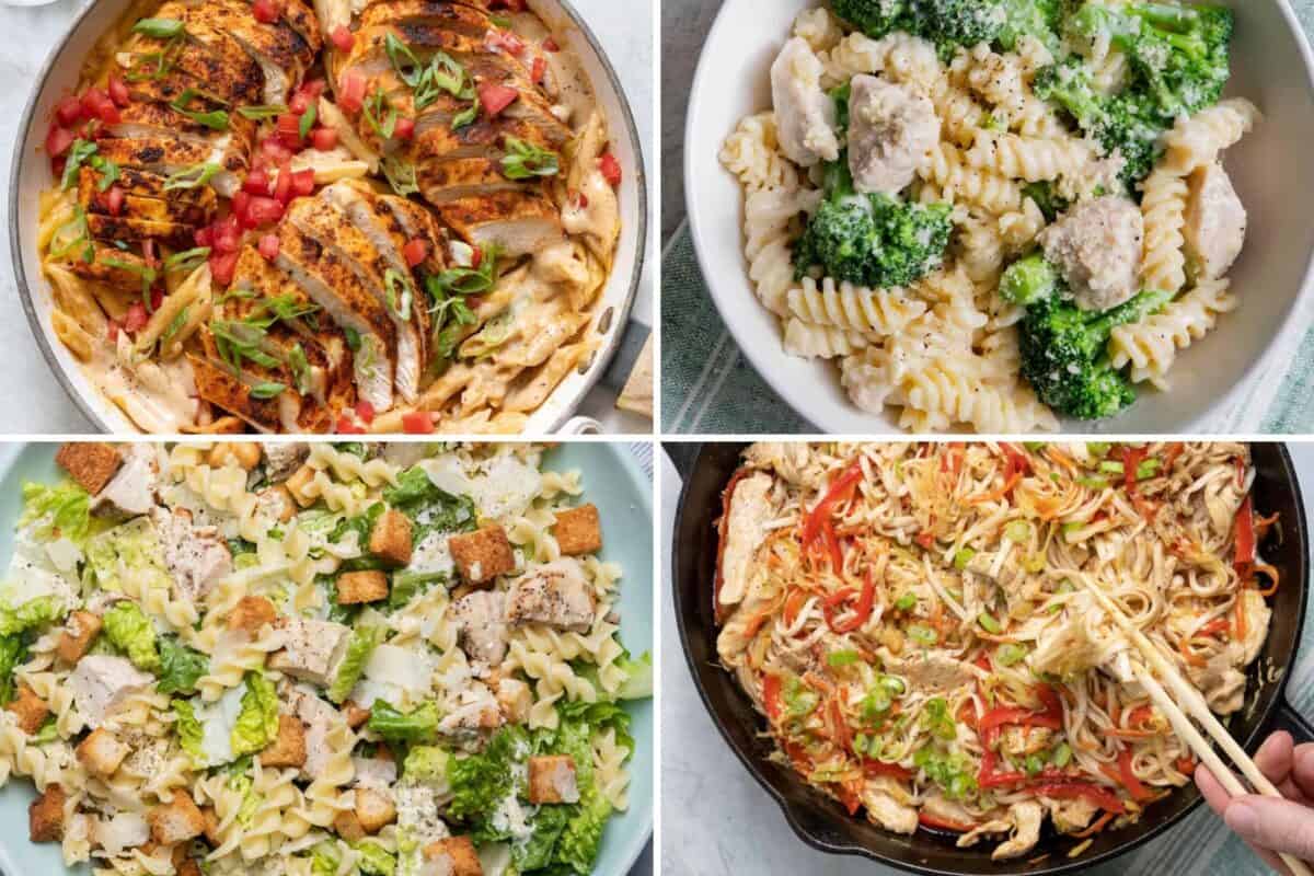 4 image collage of pasta recipes with chicken.