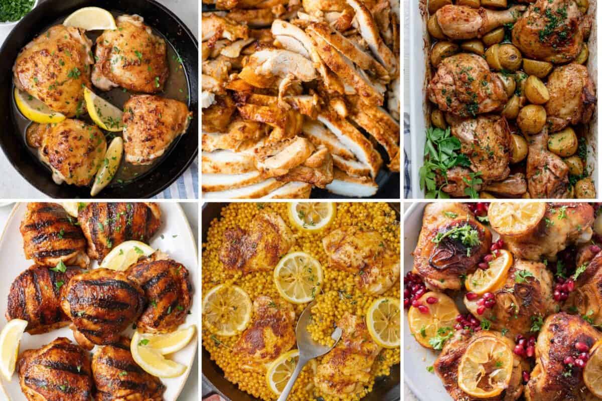 6 image collage of dark meat recipes.