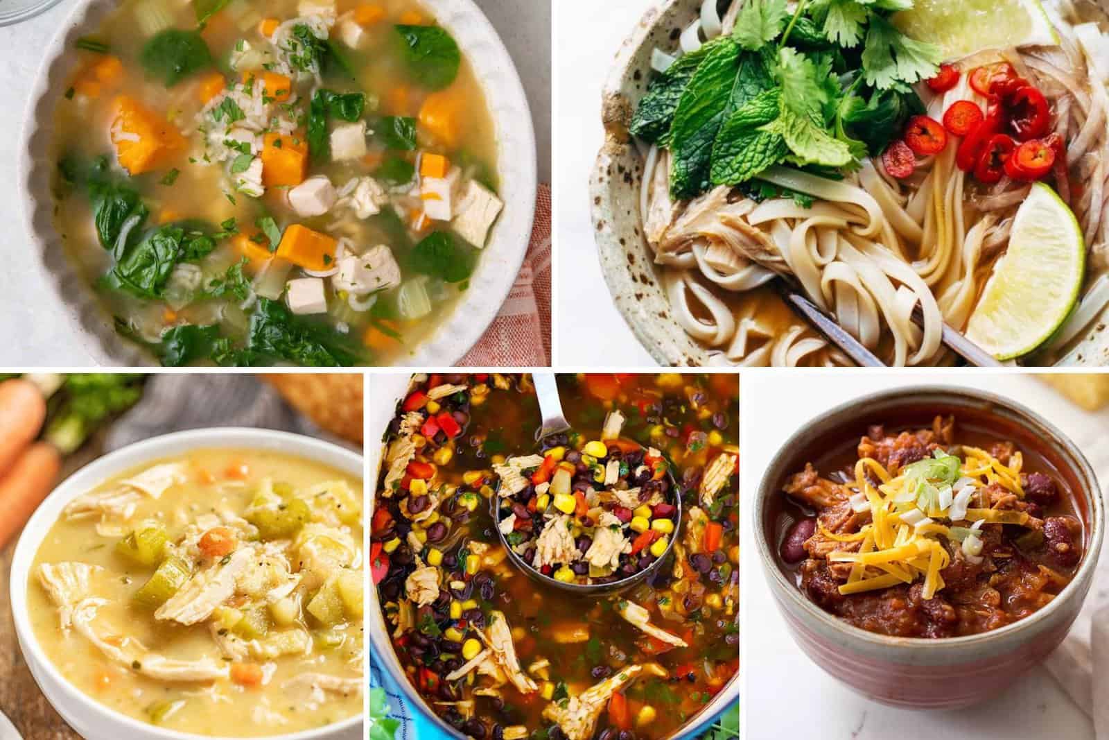 5 image collage of soup recipes using leftover Thanksgiving turkey.