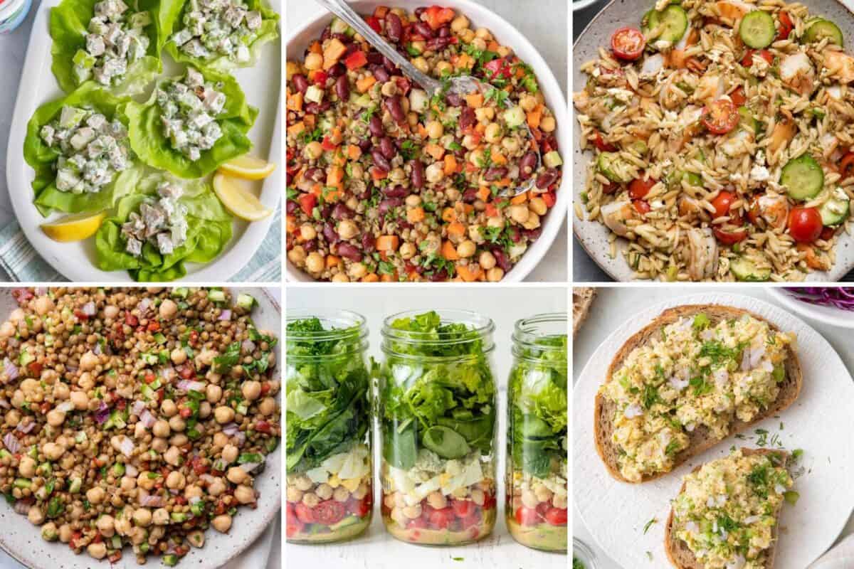 6 image collage of a variety of salad recipes.