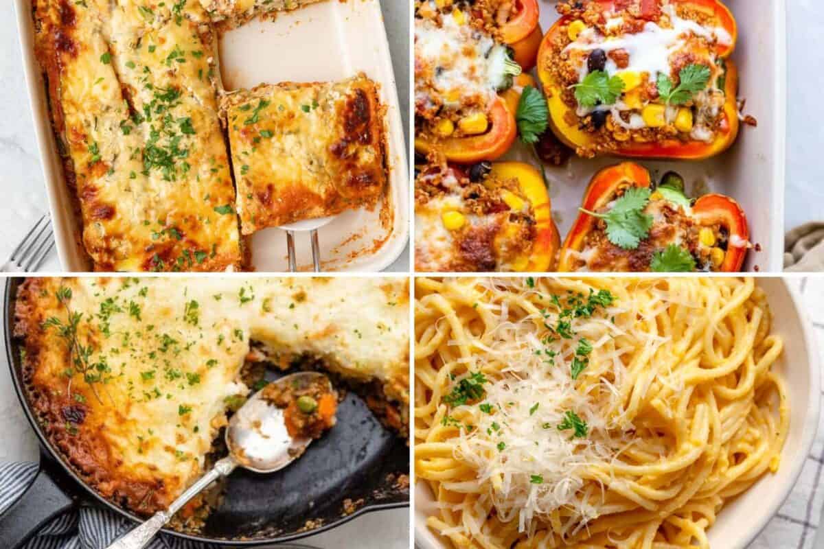 4 image collage of main vegetarian entree ideas for Christmas.