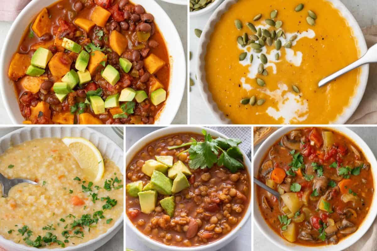 5 image collage of soups and stews.