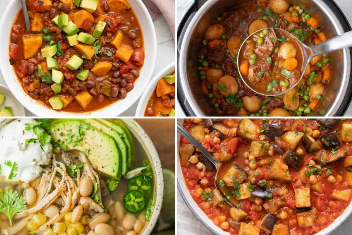 4 image collage of chili and stew recipes to make during the winter.