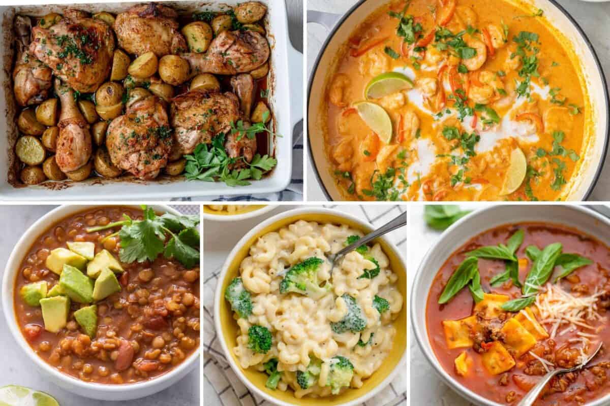 5 image collage of one pan recipes to make.