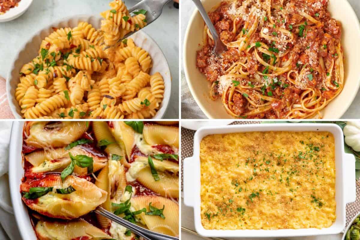 4 image collage of pasta recipes.