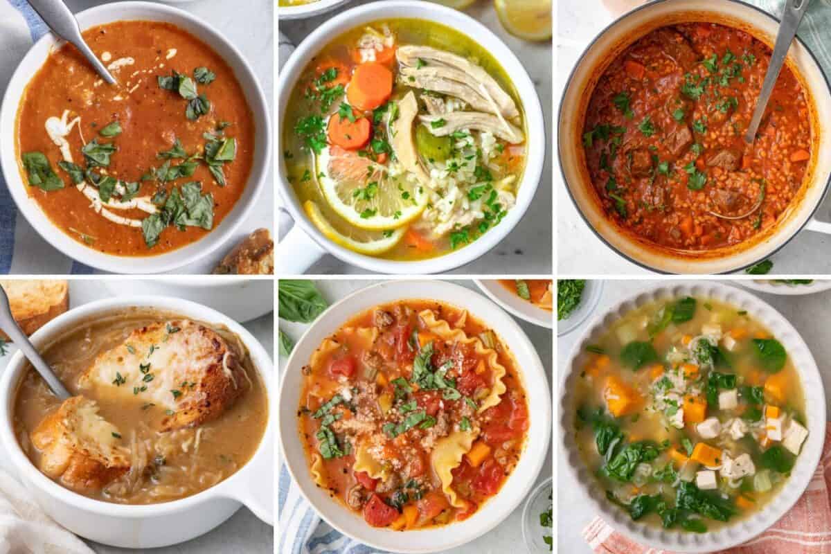 6 image collage of winter soup recipes.