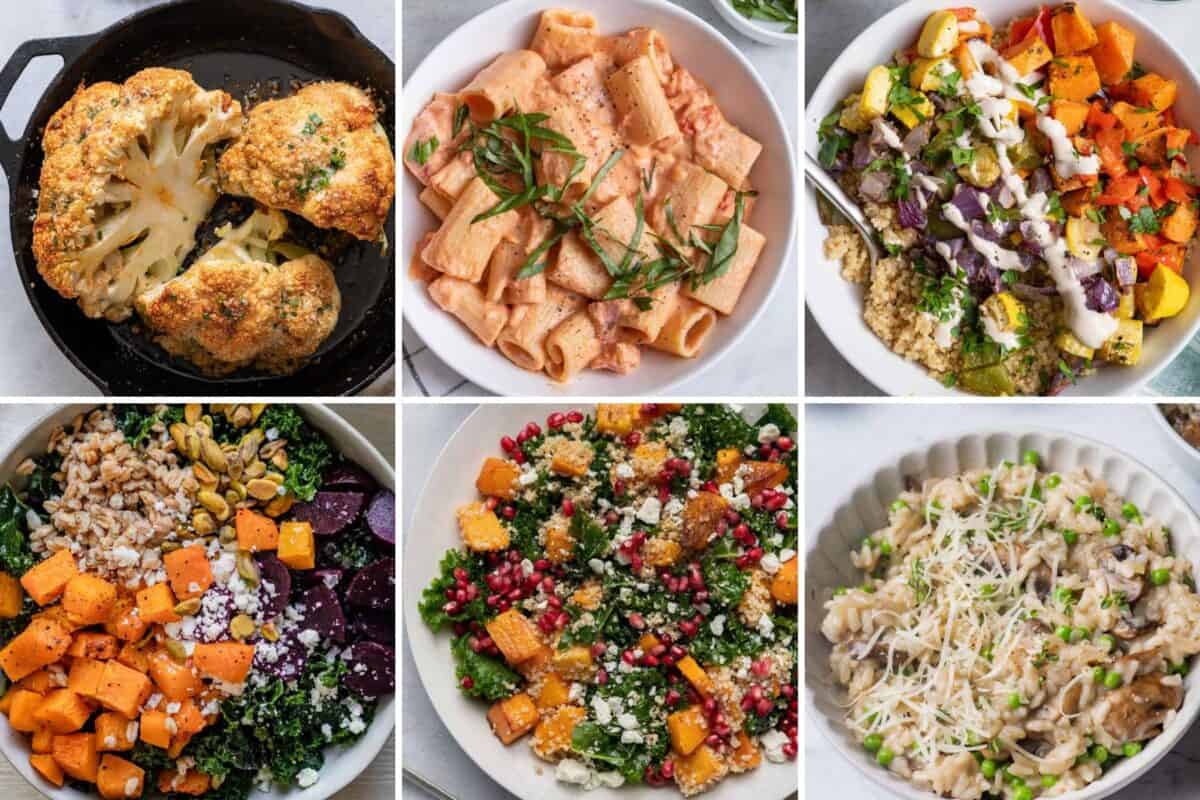 6 image collage of vegetarian recipes for dinner.