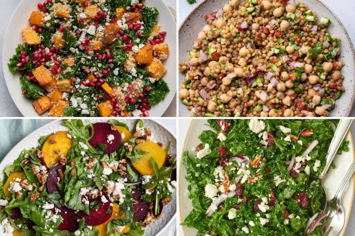 4 image collage of salad recipe ideas for new years.