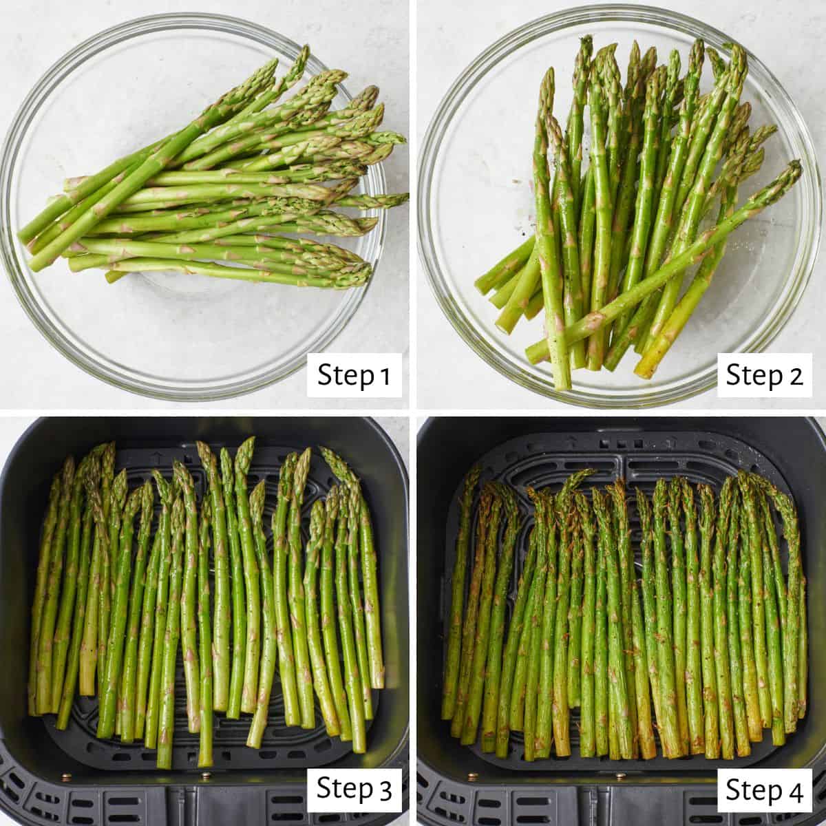4 image collage making recipe: 1- trimmed asparagus in a bowl, 2- after tossing with oil and spices, 3- spread in a single layer in an air fryer basket before frying, 4- after air frying.