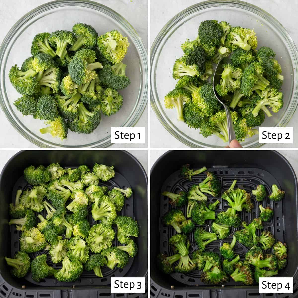 4 image collage making recipe: 1- broccoli in a bow, 2- tossing broccoli with oil and seasoning, 3- added to an air fryer basket, 4- after cooking.