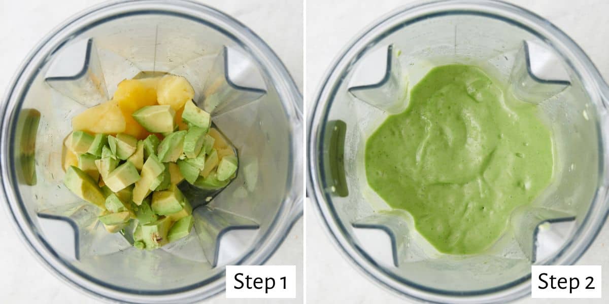 2 image collage showing ingredients before and after being blended in a blender.