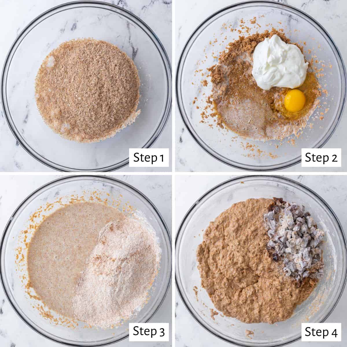 4 image collage making batter: 1- wheat bran and milk in a bowl, 2- yogurt, egg, maple syrup, and vanilla added, 3- dry ingredients added, 4- after combined with flour coated chopped dates added on top.