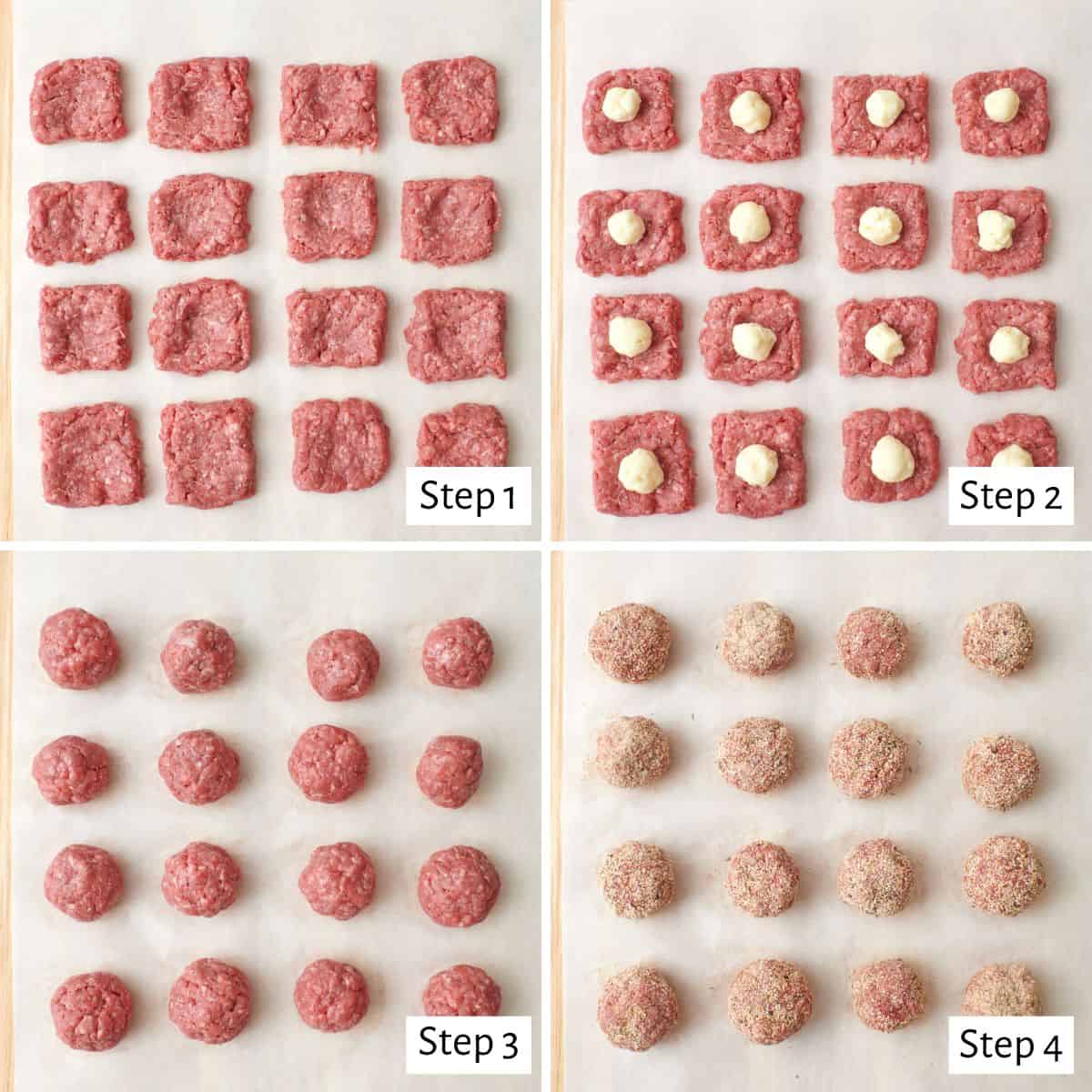 4 image collage making recipe: 1- ground beef flattened and divided into 16 small squares, 2- a small ball of brie cheese added to the center of each one, 3- after rolling the beef around the cheese into a small meatball, 4- after coating the meatballs in breadcrumbs.