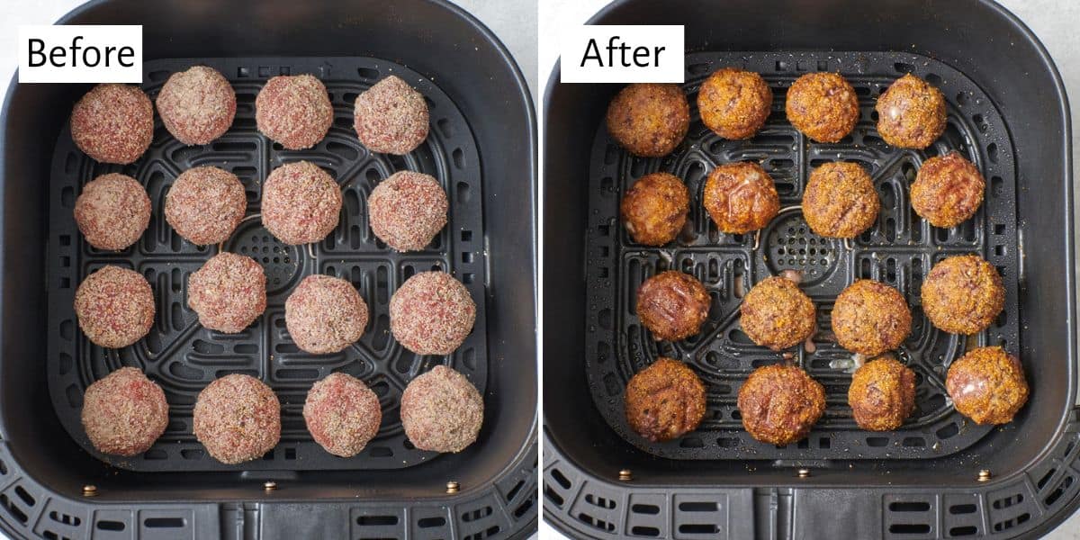 2 image collage showing recipe in an air fryer basket before and after frying until cooked through, crispy, and browned.