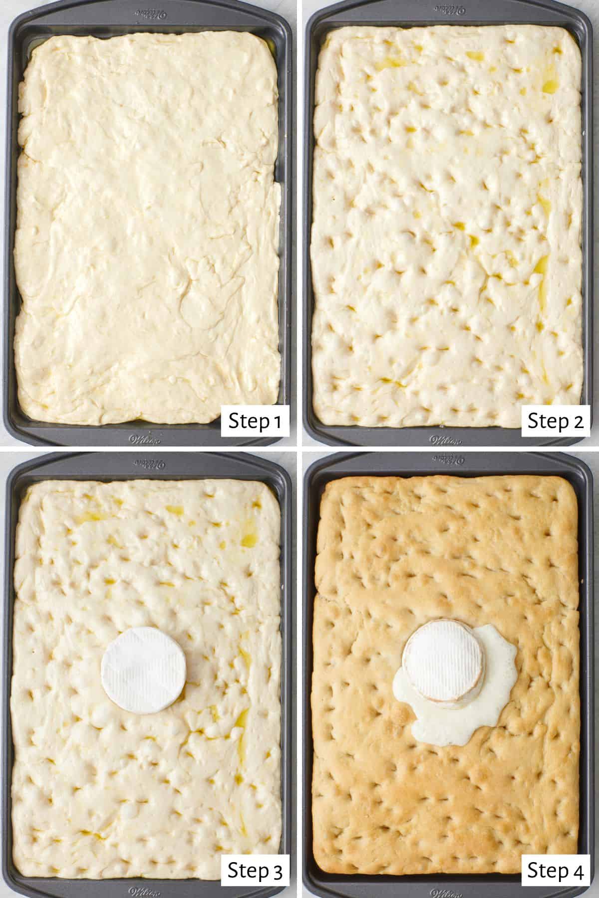 4 image collage of recipe on a sheet pan: 1- focaccia dough pressed into pan, 2- after adding oil and pressing fingers into dough, 3- brie added to the center of the dough before baking, 4- after baking with brie melted.