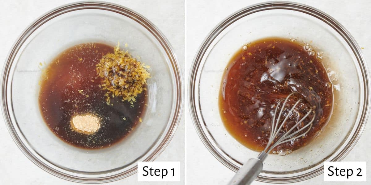 2 image collage showing glaze ingredients in a bowl and then whisking together.