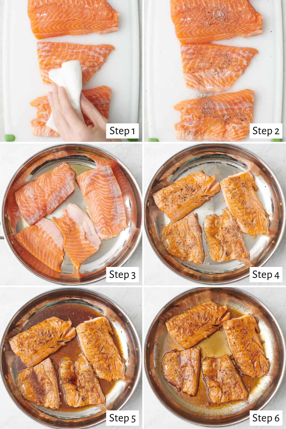 6 image collage making recipe: 1- patting salmon dry with paper towels, 2- salmon seasoned with salt and pepper, 3- salmon in a skillet, 4- after flipping over, 5- glazed poured over, 6- after the glaze has thickened and coats the salmon.