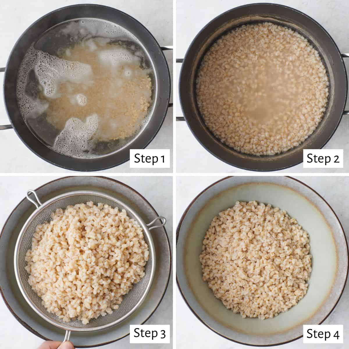 4 image collage making recipe in a pot: 1- water added, 2- barley and salt added, 3- straining barley in a fine mesh sieve, 4- fluffy barley in a bowl.
