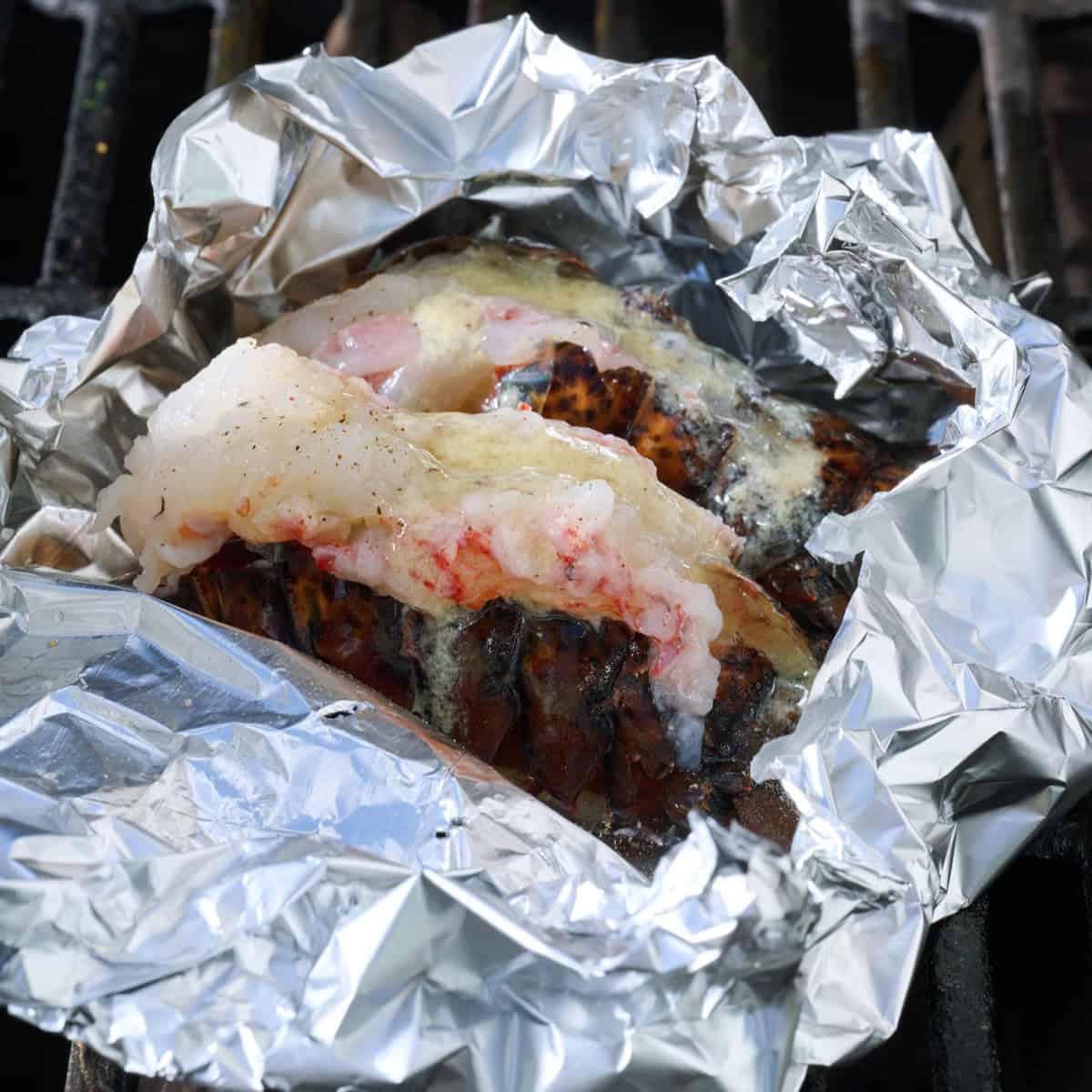 Prepared lobster tail before cooking.