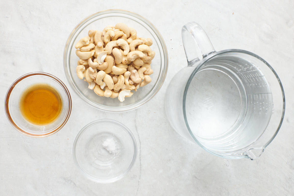 Ingredients for recipe: honey, cashews, salt, and water.