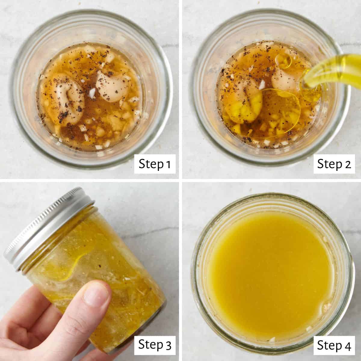 4 image collage making dressing in a mason jar: 1- ingredients added, 2- oil added, 3- lid added to the jar and shaking it to combine, 4- after emulsified.