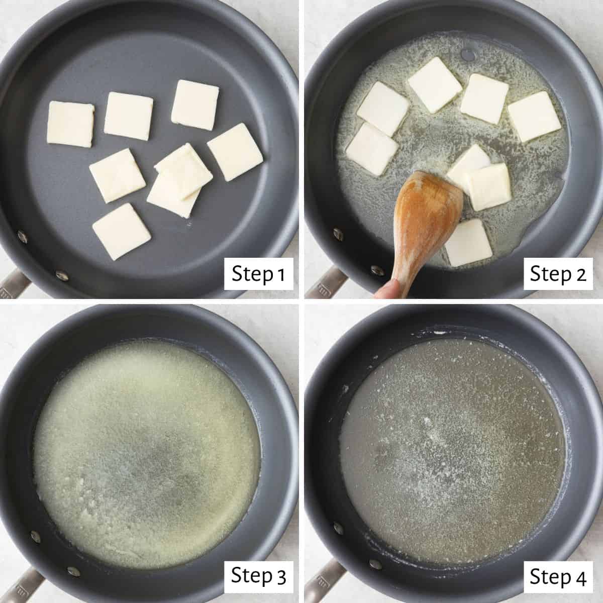 4 image collage of recipe tutorial: 1- sliced butter in a skillet, 2- wooden spoon stirring with some partially melted, 3- butter after melting with solids, 4- butter after fully melting.