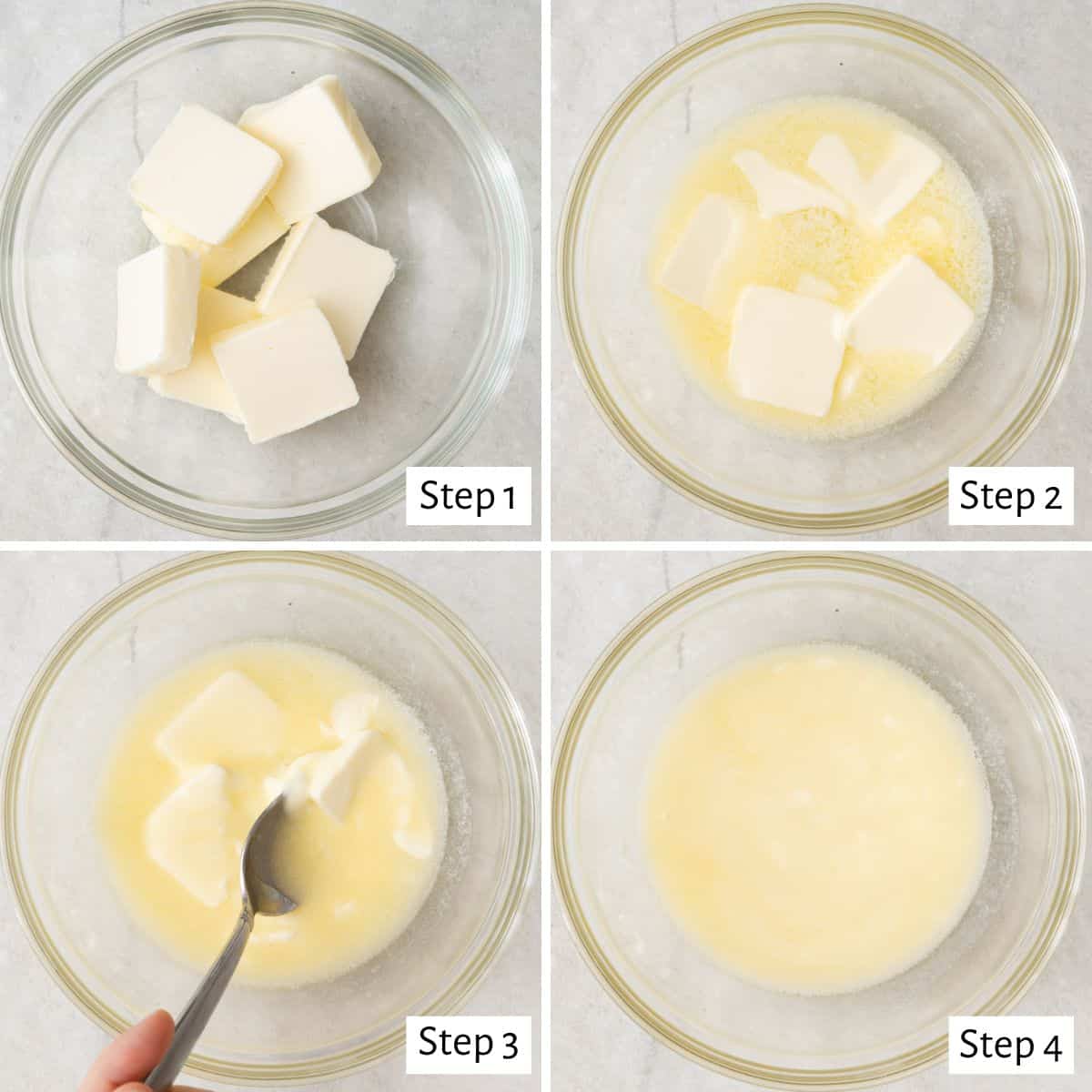 4 image collage of recipe tutorial: 1- sliced butter in a microwave safe bowl, 2- spoon stirring with some partially melted, 3- butter after melting with solids, 4- butter after fully melting.