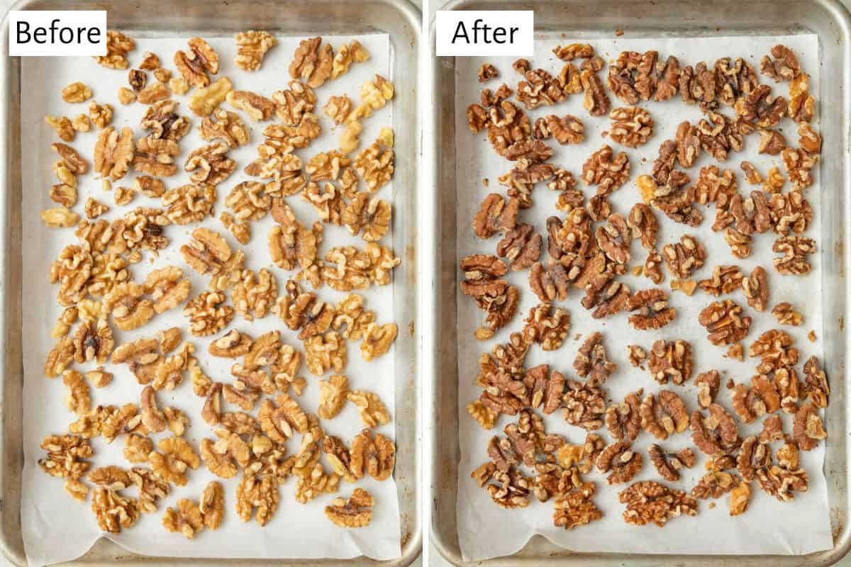 2 image collage before and after walnuts are toasted on a sheet pan.