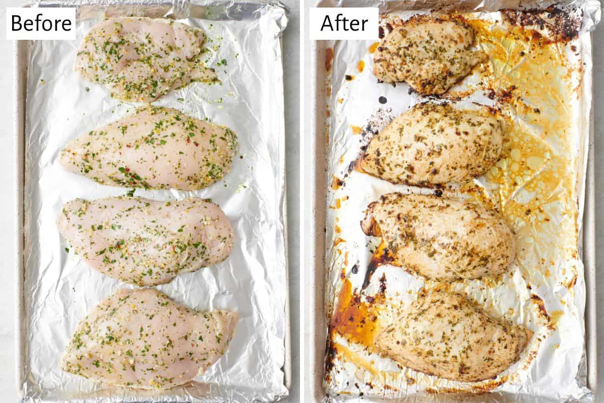 2 image collage before and after baking recipe on a foil lined sheet pan.