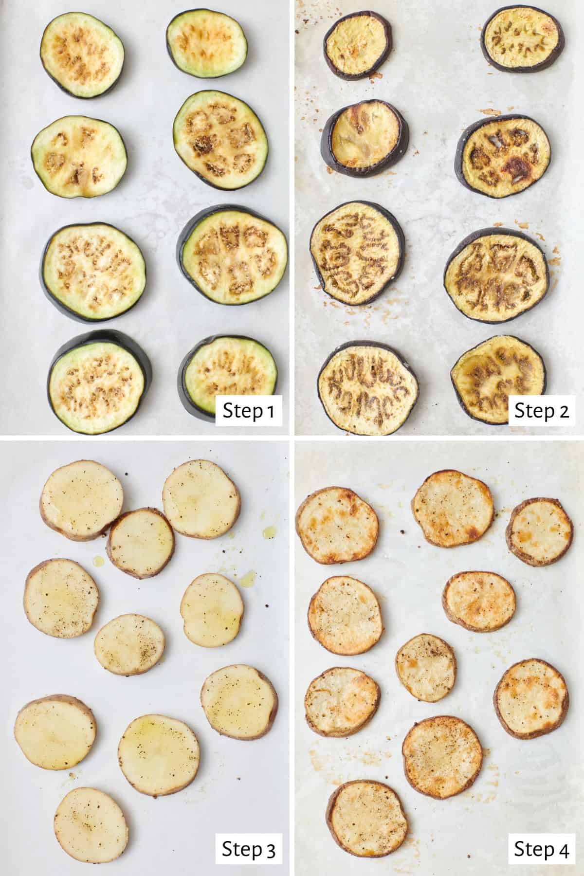 4 image collage preparing vegetables for layering in recipe: 1- eggplant slices on a parchment lined baking sheet before baking, 2- after baking, 3- potatoes slices before baking, 4- after baking.