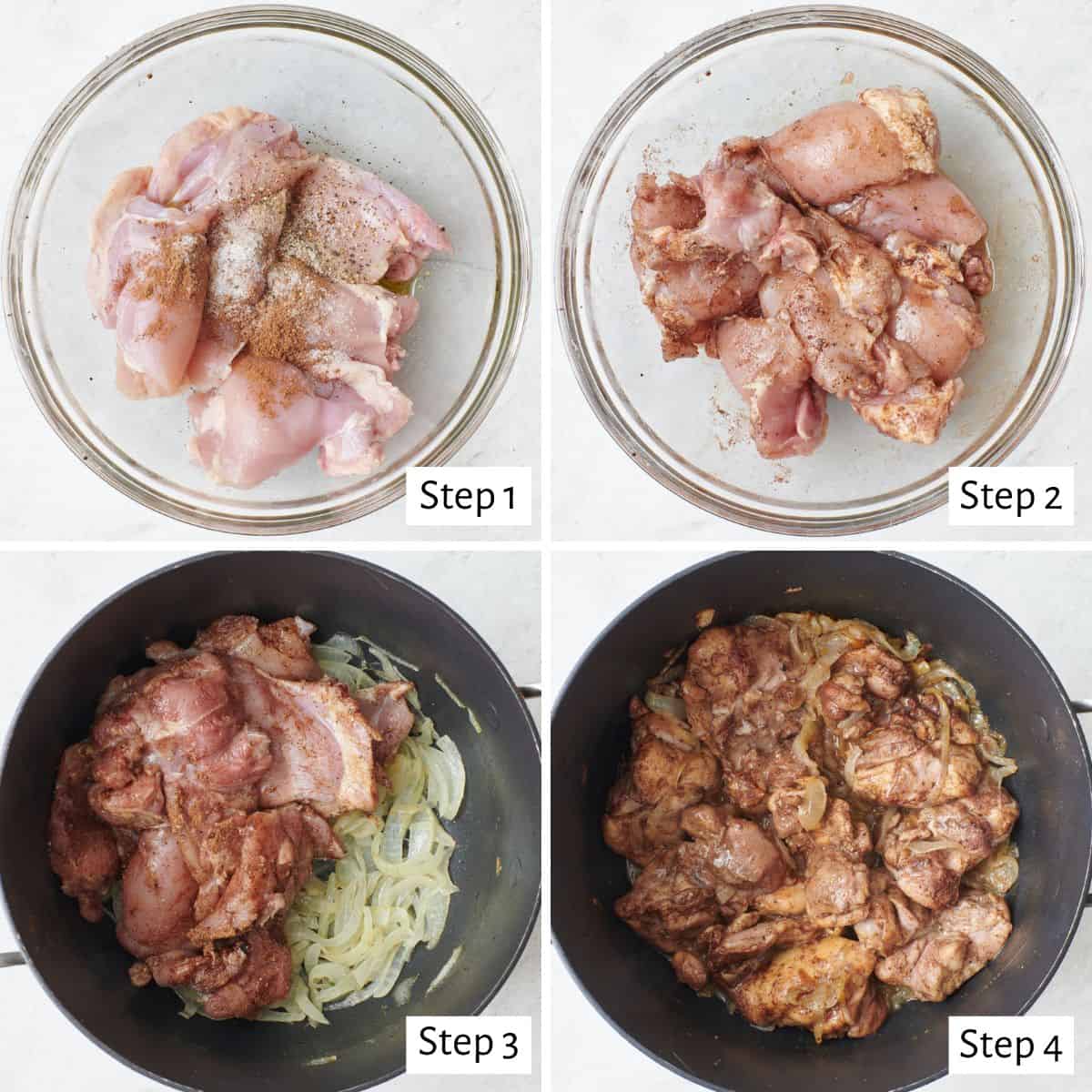 4 image collage preparing one layer of recipe: 1- chicken thighs in a bowl with oil and seasonings added, 2- after tossing together, 3- chicken added to pot with sauteed onions, 4- after cooking.
