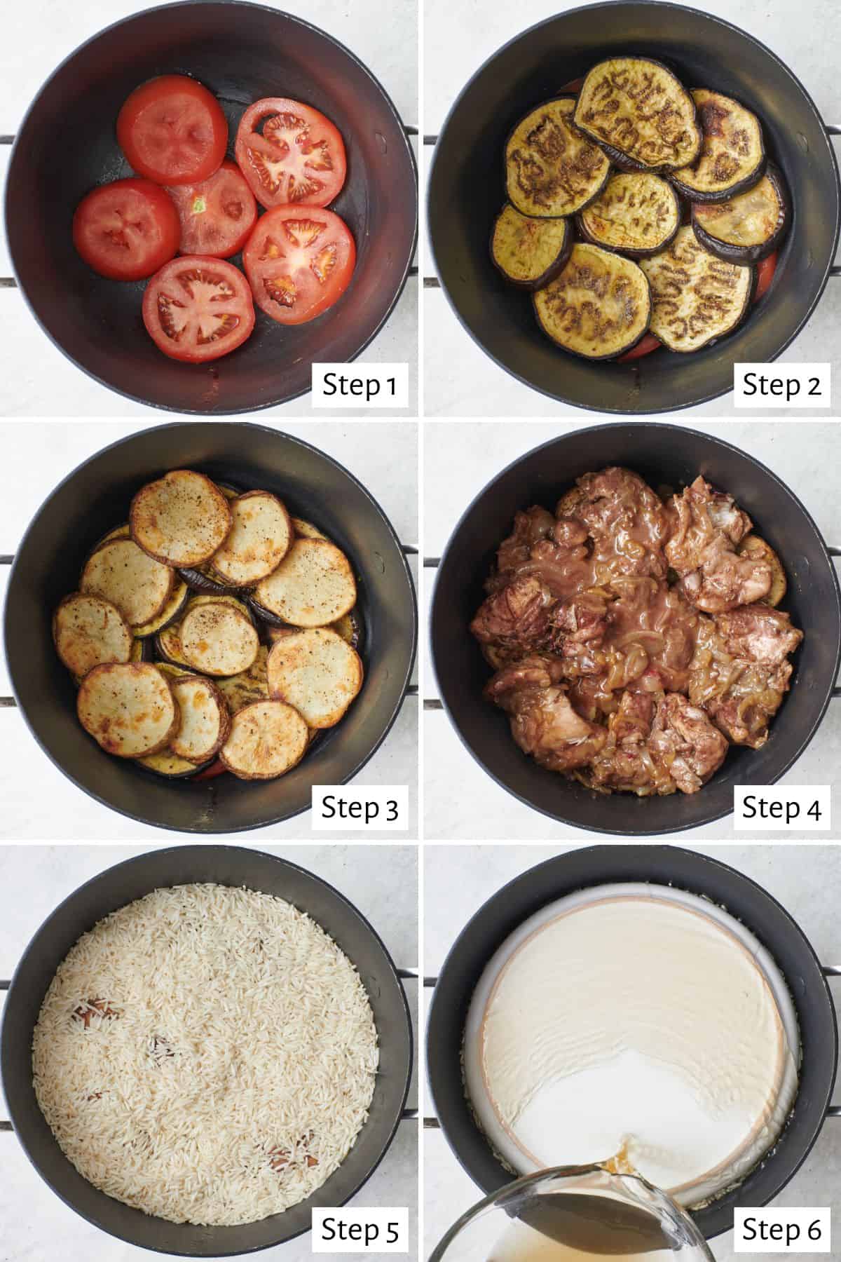 6 image collage layering recipe in a dutch oven: 1- tomato slices in a single layer, 2- roasted eggplant slices added, 3- roasted potato slices added, 4- cook chicken thighs and onions layer added, 5- uncooked rice added, 6- plate place on top and pressed over layers with broth being poured over.