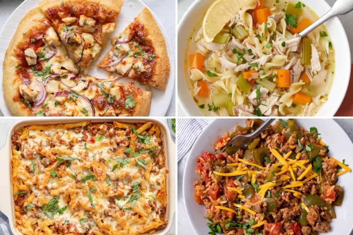 4 image collage of budget friendly dinner recipe ideas.