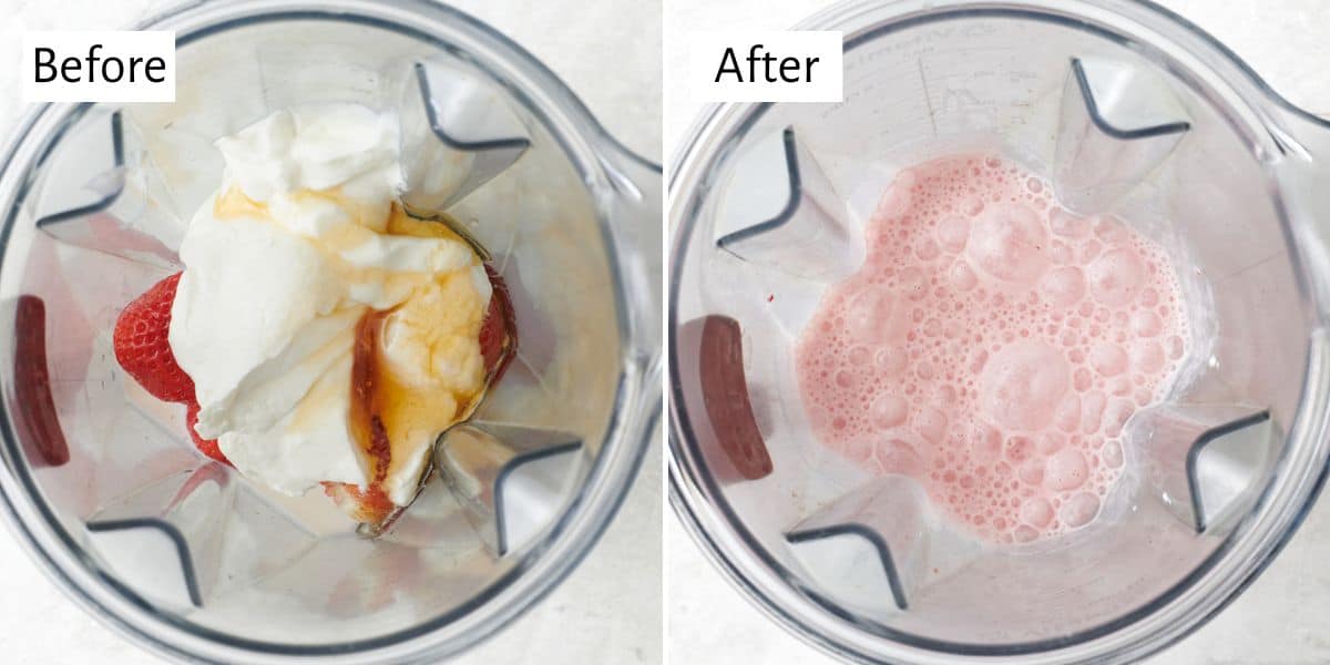 2 image collage of ingredients in a blender before and after blending.